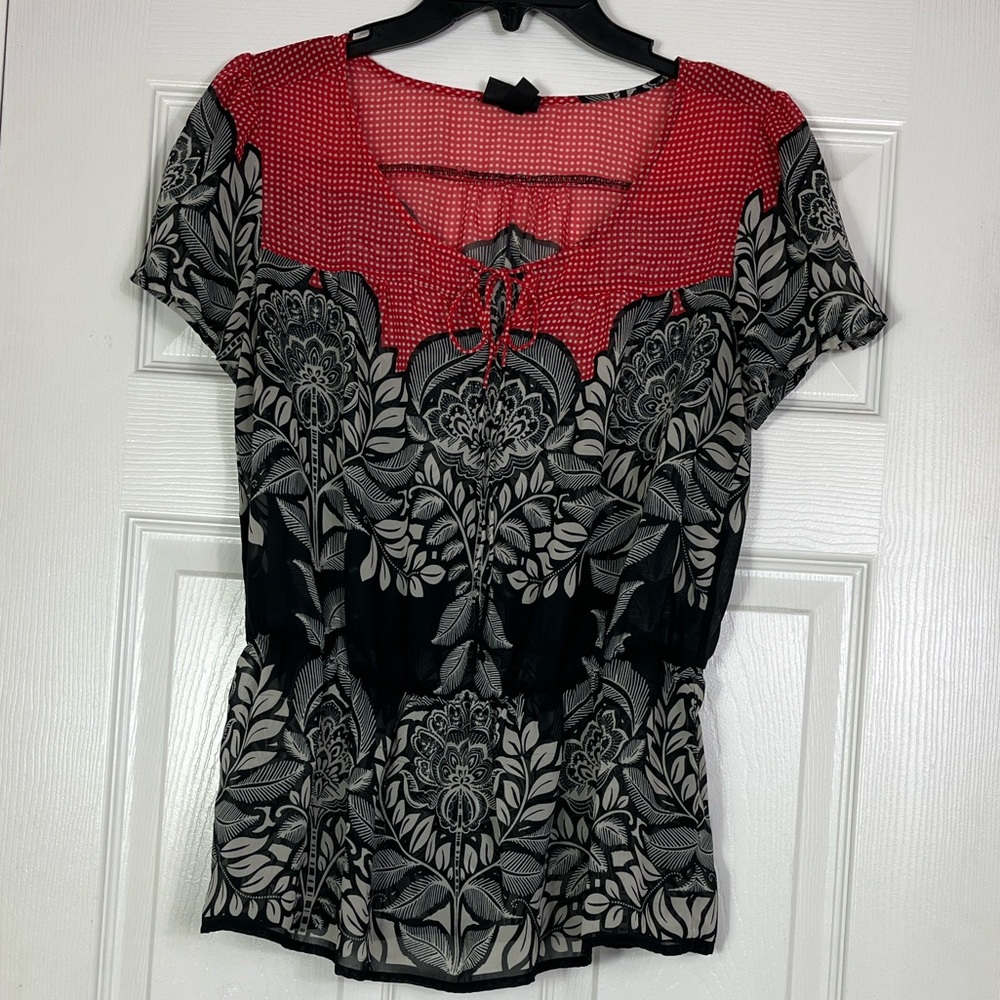 Mossimo Supply Co Sheer Floral Blouse Red Black Boho Top Size Small